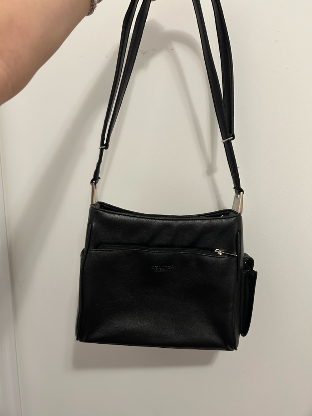 Black Leather Crossbody Bag with Front Zip Pocket